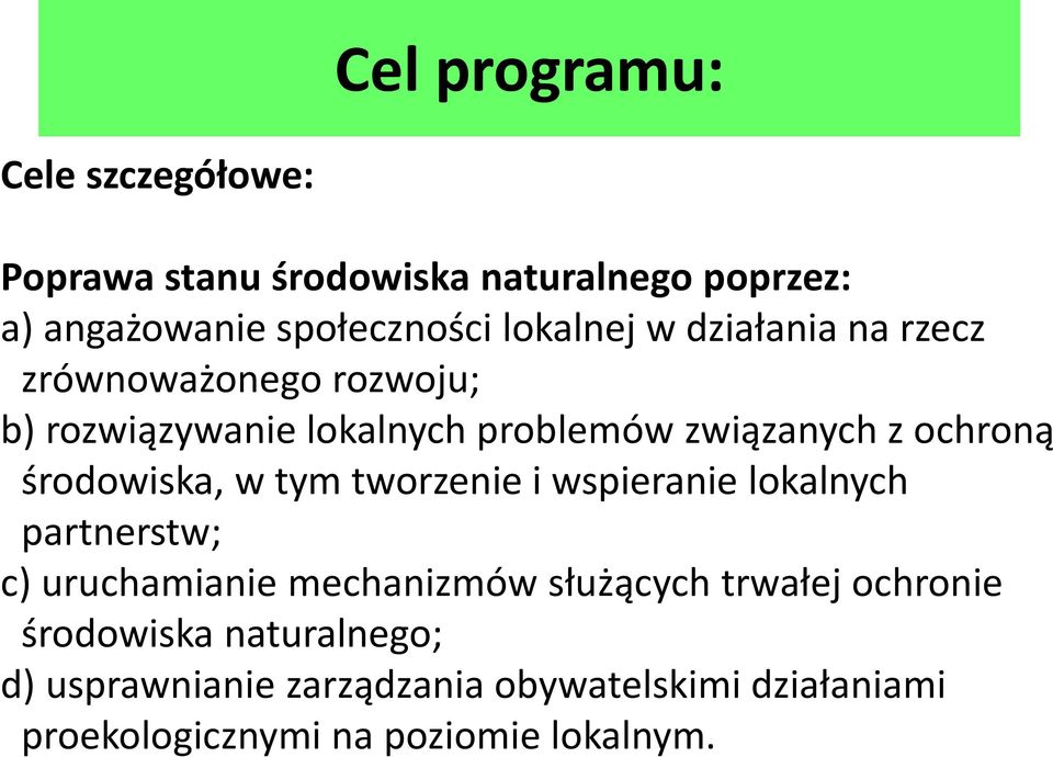 środowiska, w tym tworzenie i wspieranie lokalnych partnerstw; c) uruchamianie mechanizmów służących trwałej