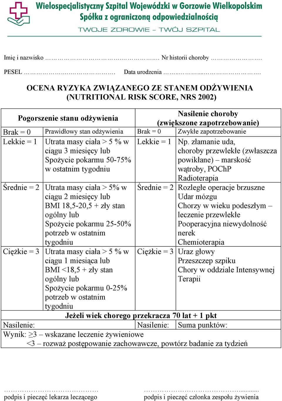 Brak = 0 Zwykłe zapotrzebowanie Lekkie = 1 Utrata masy ciała > 5 % w ciągu 3 miesięcy lub Spożycie pokarmu 50-75% w ostatnim tygodniu Średnie = 2 Utrata masy ciała > 5% w ciągu 2 miesięcy lub BMI