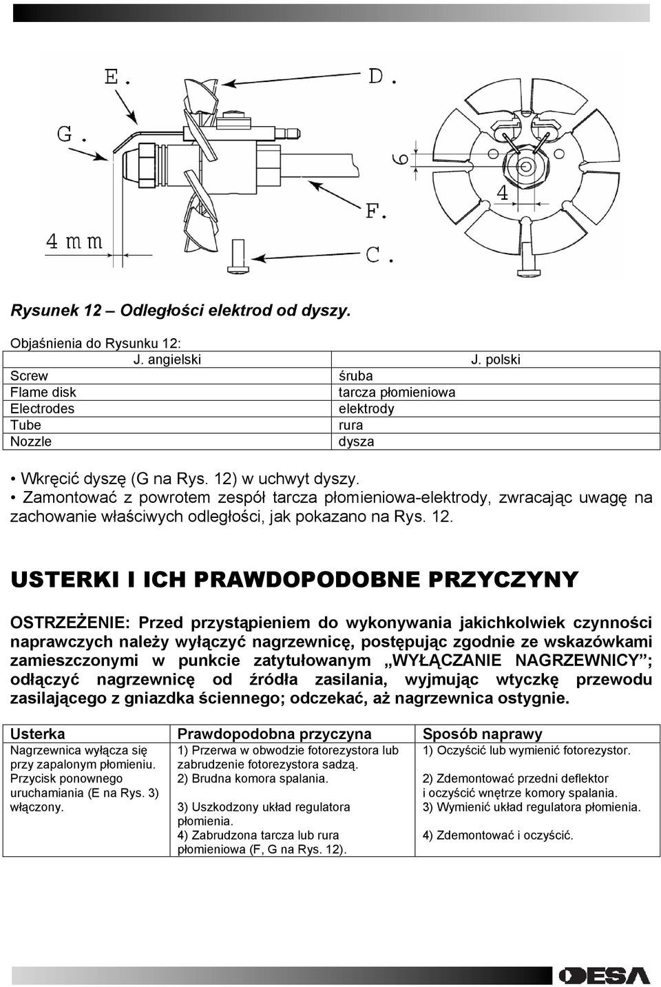 Zamontować z powrotem zespół tarcza płomieniowa-elektrody, zwracając uwagę na zachowanie właściwych odległości, jak pokazano na Rys. 12.