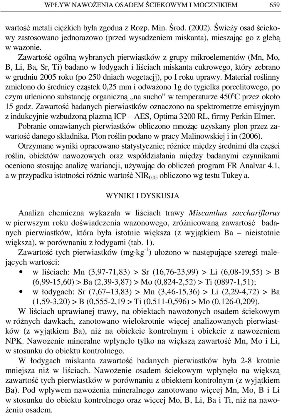 Zawartość ogólną wybranych pierwiastków z grupy mikroelementów (Mn, Mo, B, Li, Ba, Sr, Ti) badano w łodygach i liściach miskanta cukrowego, który zebrano w grudniu 2005 roku (po 250 dniach