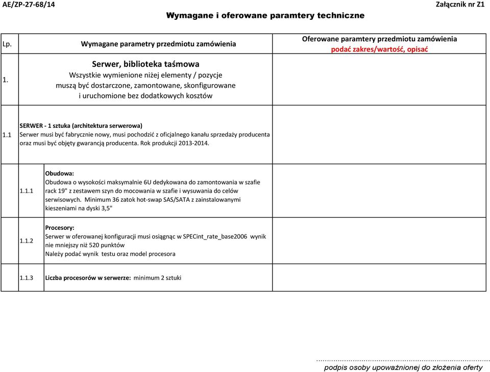 kosztów Oferowane paramtery przedmiotu zamówienia podać zakres/wartość, opisać 1.