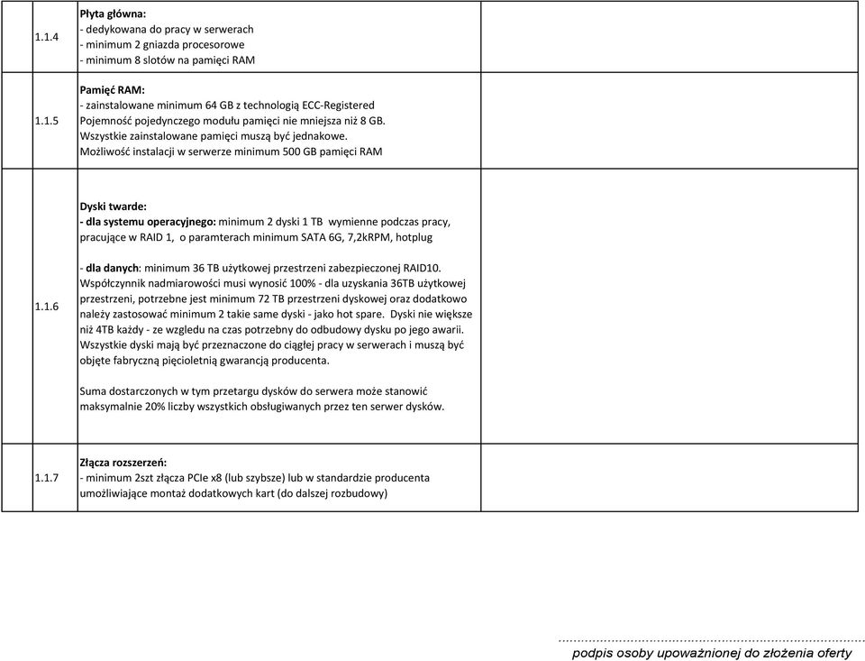 Możliwość instalacji w serwerze minimum 500 GB pamięci RAM Dyski twarde: - dla systemu operacyjnego: minimum 2 dyski 1 TB wymienne podczas pracy, pracujące w RAID 1, o paramterach minimum SATA 6G,