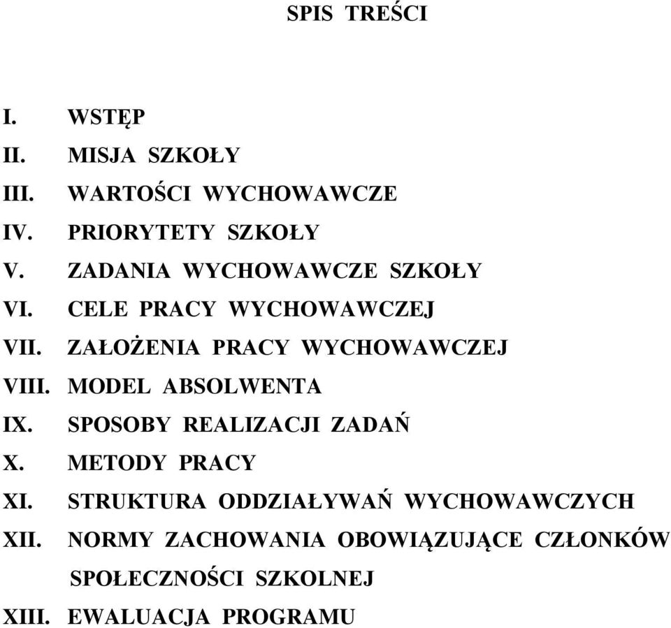 MODEL ABSOLWENTA IX. SPOSOBY REALIZACJI ZADAŃ X. METODY PRACY XI.