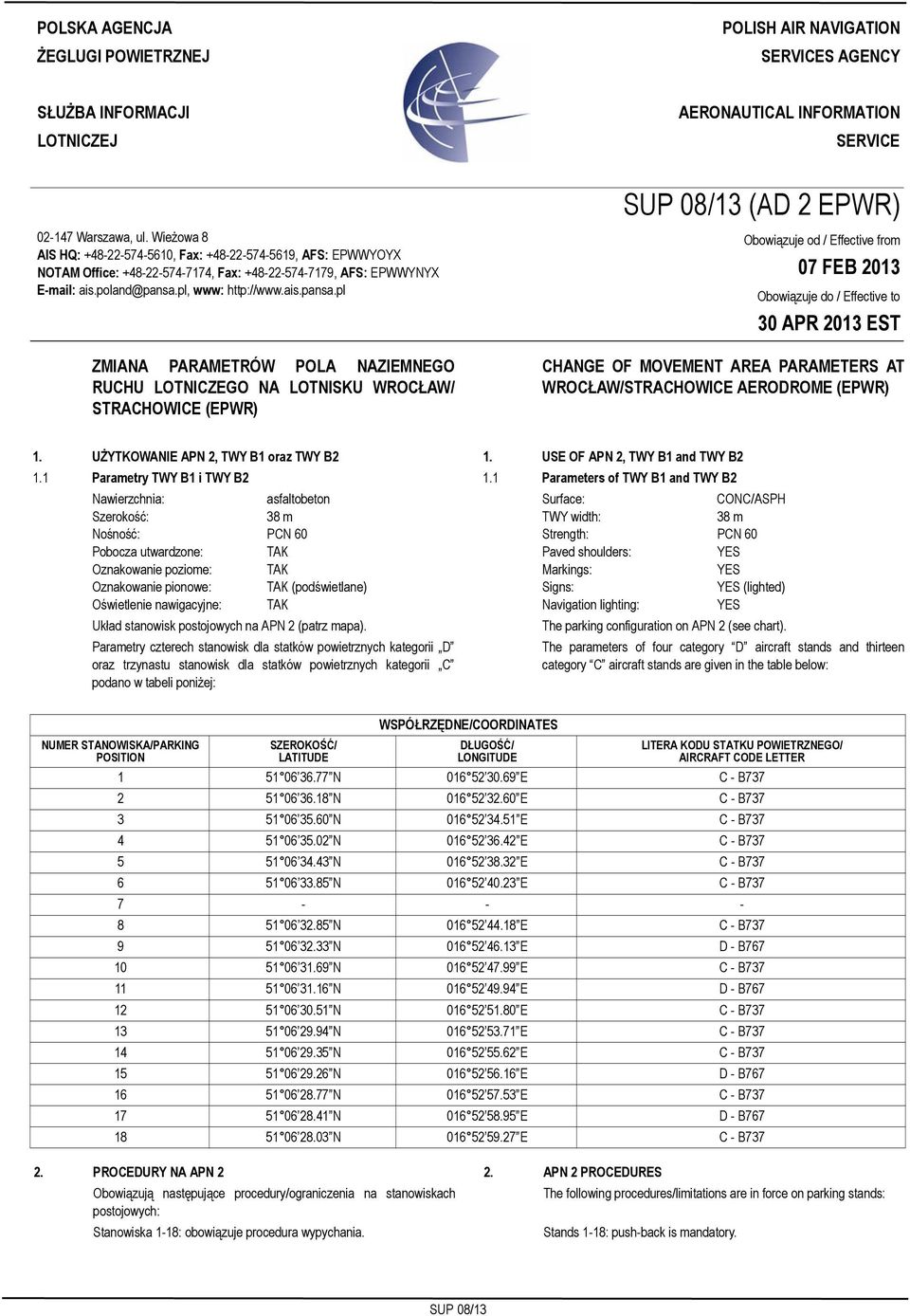Wieżowa 8 AIS HQ: +48-22-574-5610, Fax: +48-22-574-5619, AFS: EPWWYOYX NOTAM Office: +48-22-574-7174, Fax: +48-22-574-7179, AFS: EPWWYNYX E-mail: ais.poland@pansa.
