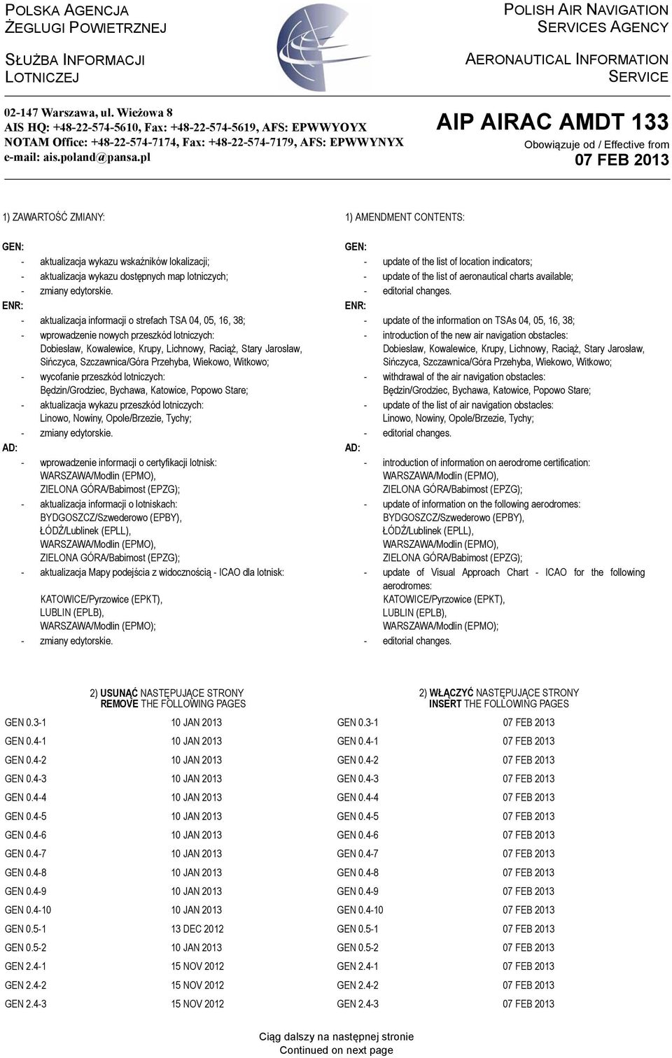 pl POLISH AIR NAVIGATION SERVICES AGENCY AERONAUTICAL INFORMATION SERVICE AIP AIRAC AMDT 133 Obowiązuje od / Effective from 1) ZAWARTOŚĆ ZMIANY: 1) AMENDMENT CONTENTS: GEN: GEN: - aktualizacja wykazu