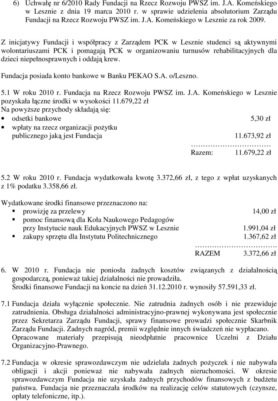 krew. Fundacja posiada konto bankowe w Banku PEKAO S.A. o/leszno. 5.1 W roku 2010 r. Fundacja na Rzecz Rozwoju PWSZ im. J.A. Komeńskiego w Lesznie pozyskała łączne środki w wysokości 11.