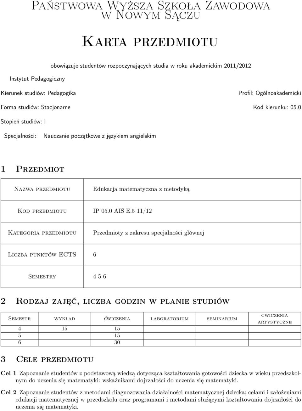 0 Stopień studiów: I Specjalności: Nauczanie początkowe z językiem angielskim 1 Przedmiot Nazwa przedmiotu Edukacja matematyczna z metodyką Kod przedmiotu IP 05.0 AIS E.