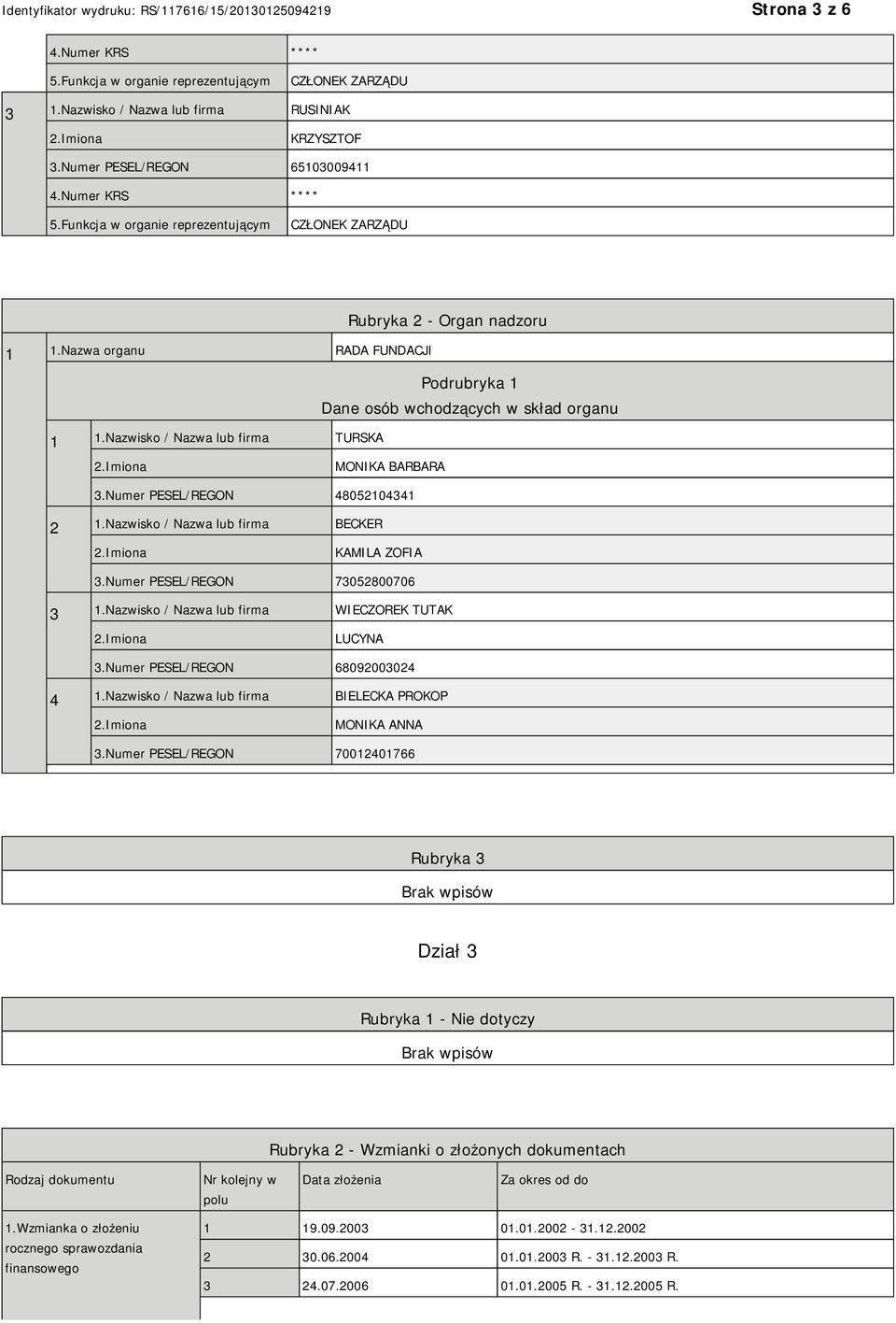 Nazwisko / Nazwa lub firma BECKER KAMILA ZOFIA 3.Numer PESEL/REGON 73052800706 3 1.Nazwisko / Nazwa lub firma WIECZOREK TUTAK LUCYNA 3.Numer PESEL/REGON 68092003024 4 1.