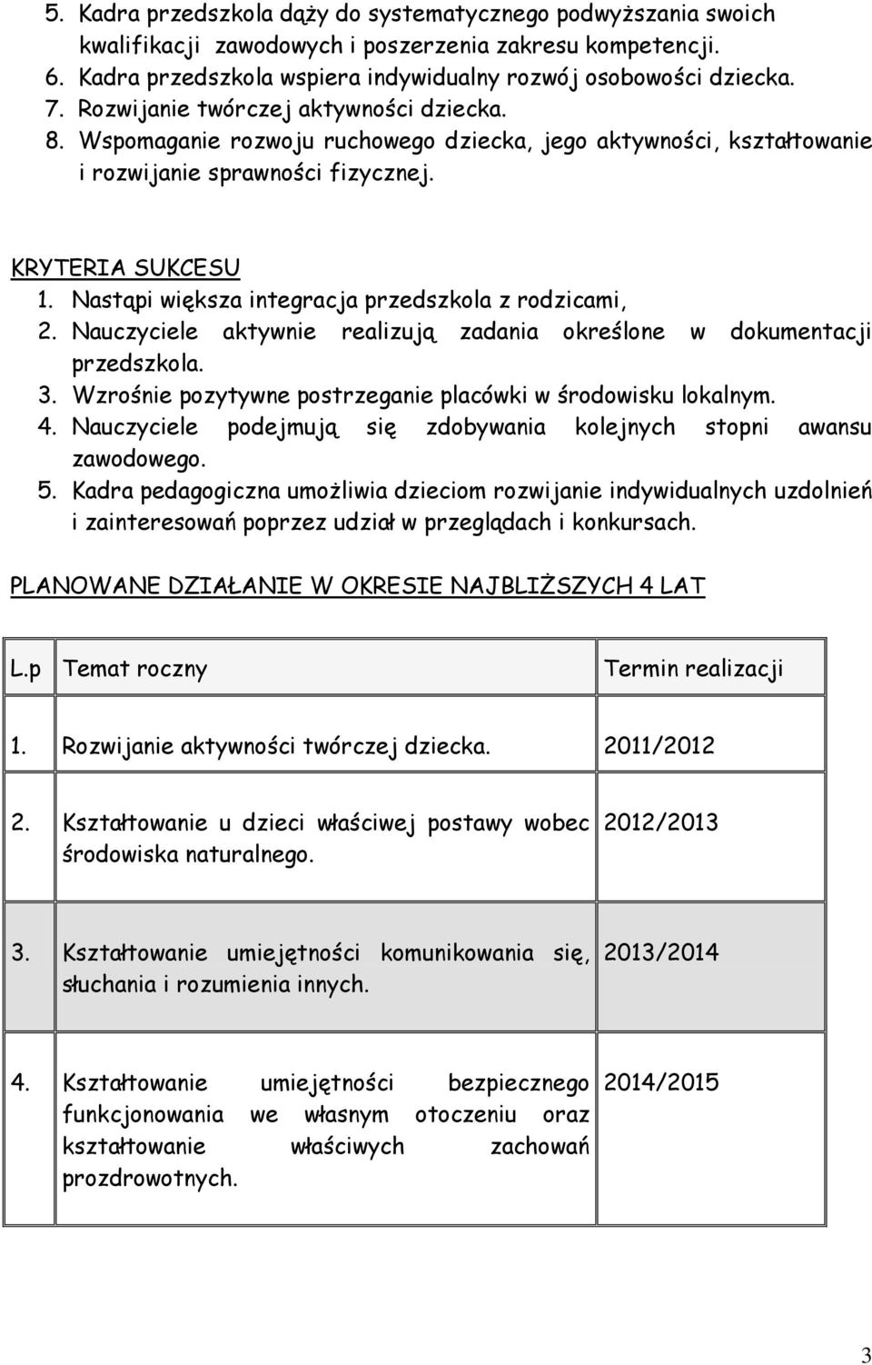 Nastąpi większa integracja przedszkola z rodzicami, 2. Nauczyciele aktywnie realizują zadania określone w dokumentacji przedszkola. 3. Wzrośnie pozytywne postrzeganie placówki w środowisku lokalnym.