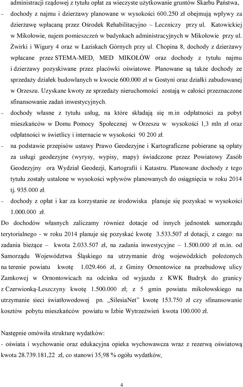 Żwirki i Wigury 4 oraz w Łaziskach Górnych przy ul. Chopina 8, dochody z dzierżawy wpłacane przez STEMA-MED, MED MIKOŁÓW oraz dochody z tytułu najmu i dzierżawy pozyskiwane przez placówki oświatowe.