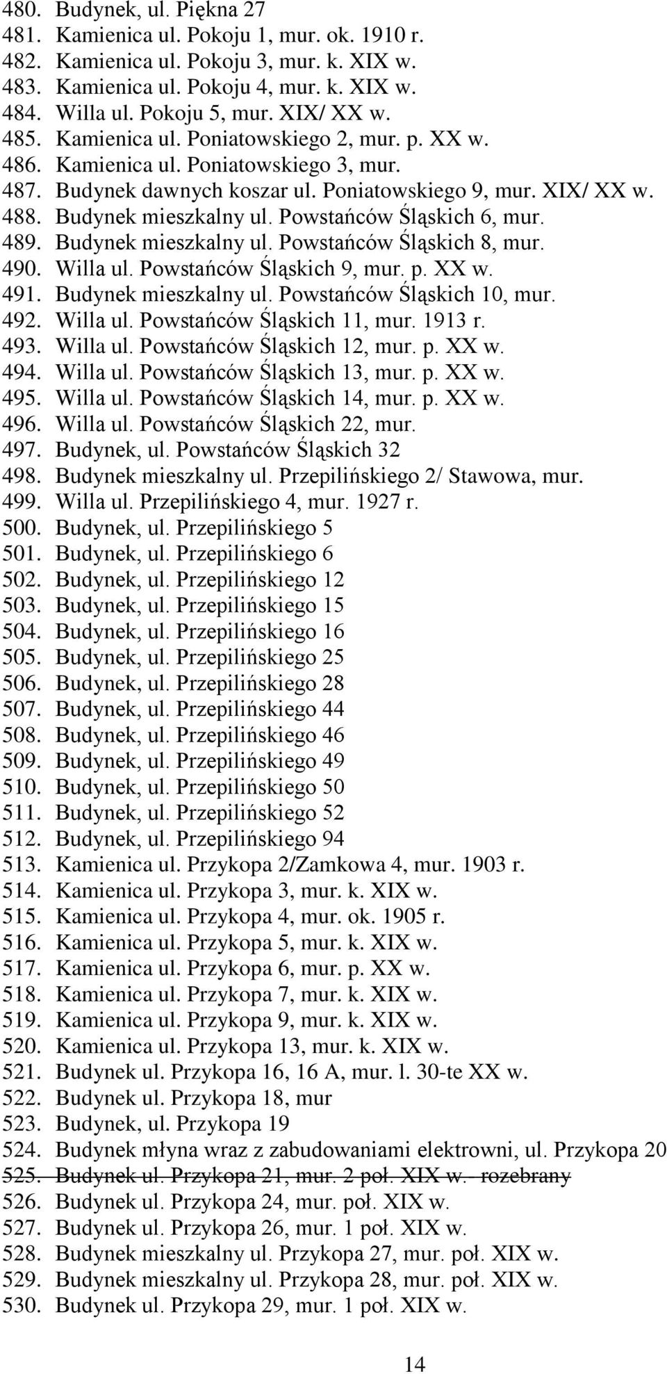Powstańców Śląskich 6, mur. 489. Budynek mieszkalny ul. Powstańców Śląskich 8, mur. 490. Willa ul. Powstańców Śląskich 9, mur. p. XX w. 491. Budynek mieszkalny ul. Powstańców Śląskich 10, mur. 492.