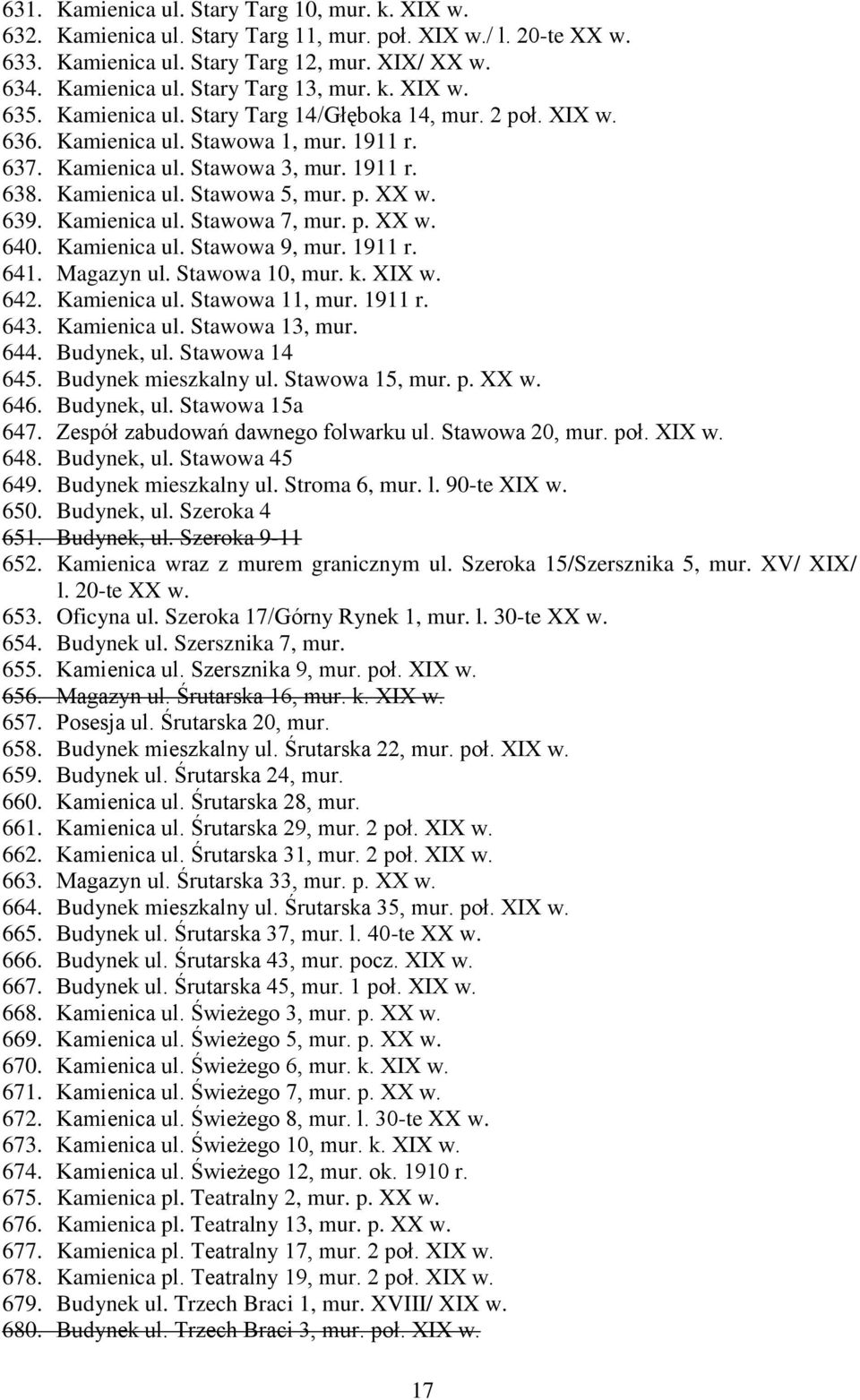639. Kamienica ul. Stawowa 7, mur. p. XX w. 640. Kamienica ul. Stawowa 9, mur. 1911 r. 641. Magazyn ul. Stawowa 10, mur. k. XIX w. 642. Kamienica ul. Stawowa 11, mur. 1911 r. 643. Kamienica ul. Stawowa 13, mur.