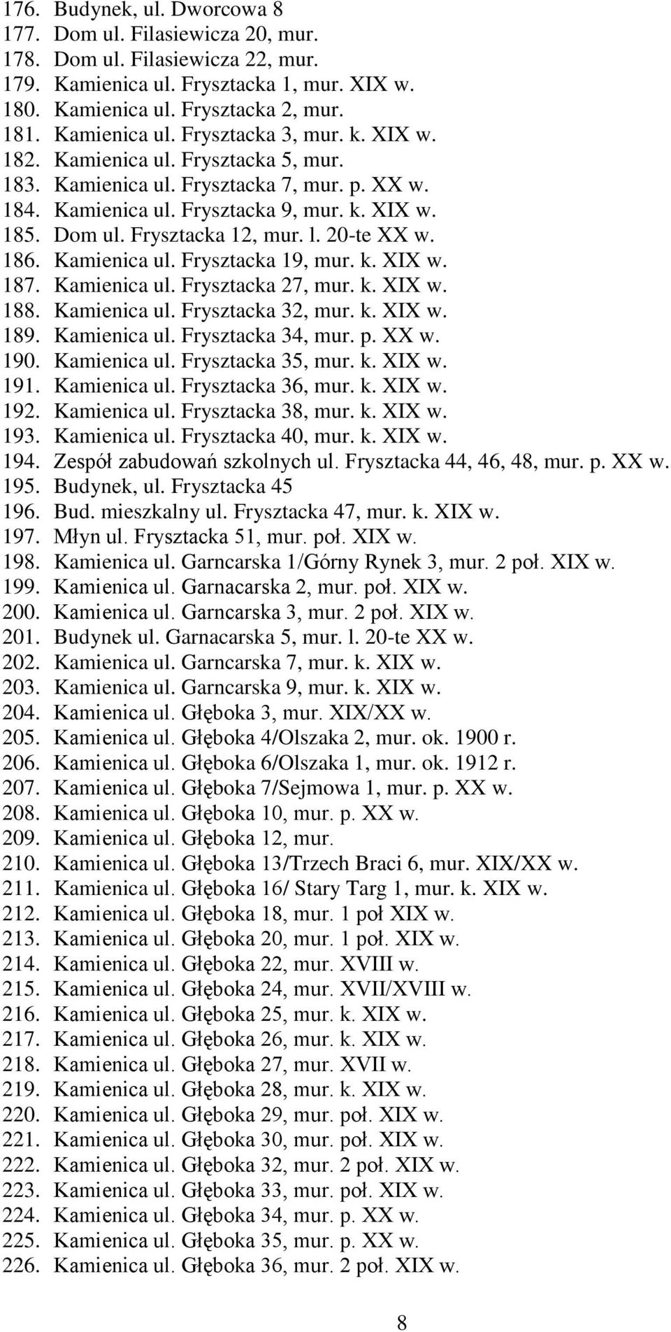 Kamienica ul. Frysztacka 19, mur. k. XIX w. 187. Kamienica ul. Frysztacka 27, mur. k. XIX w. 188. Kamienica ul. Frysztacka 32, mur. k. XIX w. 189. Kamienica ul. Frysztacka 34, mur. p. XX w. 190.