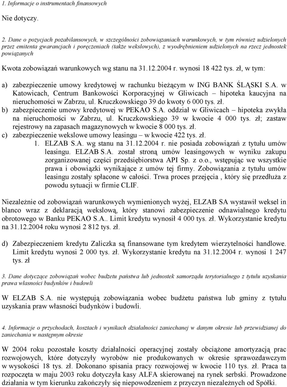 rzecz jednostek powiązanych Kwota zobowiązań warunkowych wg stanu na 31.12.2004 r. wynosi 18 422 tys. zł, w tym: a) zabezpieczenie umowy kredytowej w rachunku bieżącym w ING BAN