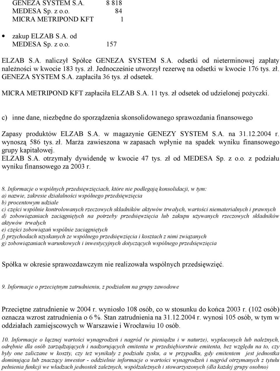 c) inne dane, niezbędne do sporządzenia skonsolidowanego sprawozdania finansowego Zapasy produktów ELZAB S.A. w magazynie GENEZY SYSTEM S.A. na 31.12.2004 r. wynoszą 586 tys. zł.