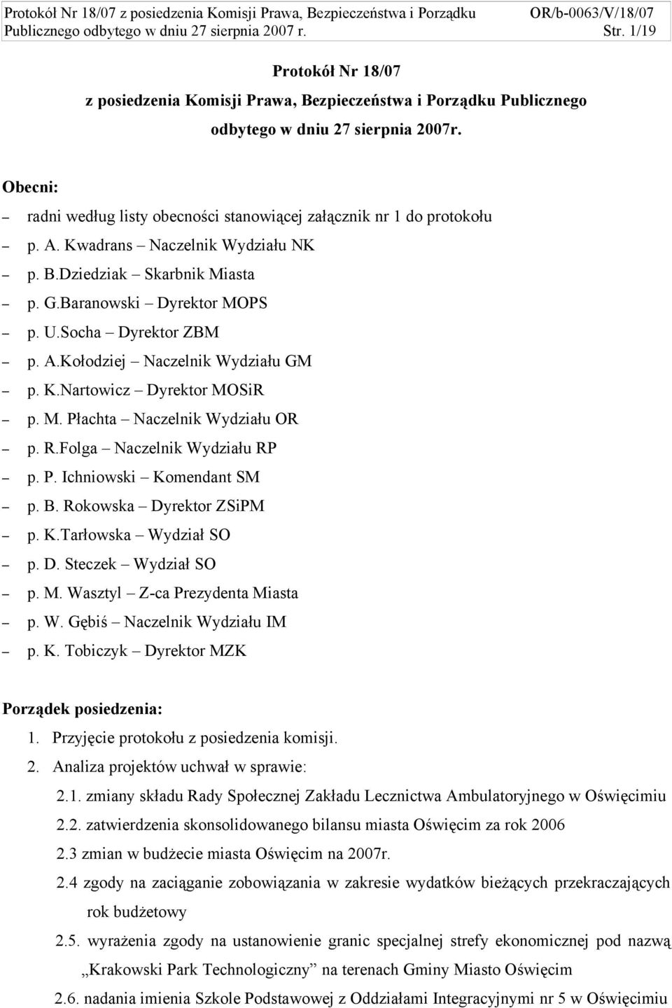 Socha Dyrektor ZBM p. A.Kołodziej Naczelnik Wydziału GM p. K.Nartowicz Dyrektor MOSiR p. M. Płachta Naczelnik Wydziału OR p. R.Folga Naczelnik Wydziału RP p. P. Ichniowski Komendant SM p. B.