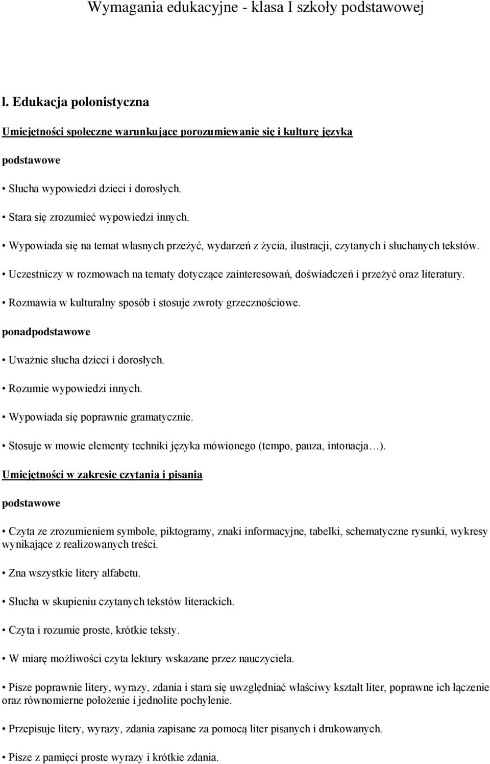 Uczestniczy w rozmowach na tematy dotyczące zainteresowań, doświadczeń i przeżyć oraz literatury. Rozmawia w kulturalny sposób i stosuje zwroty grzecznościowe. ponad Uważnie słucha dzieci i dorosłych.