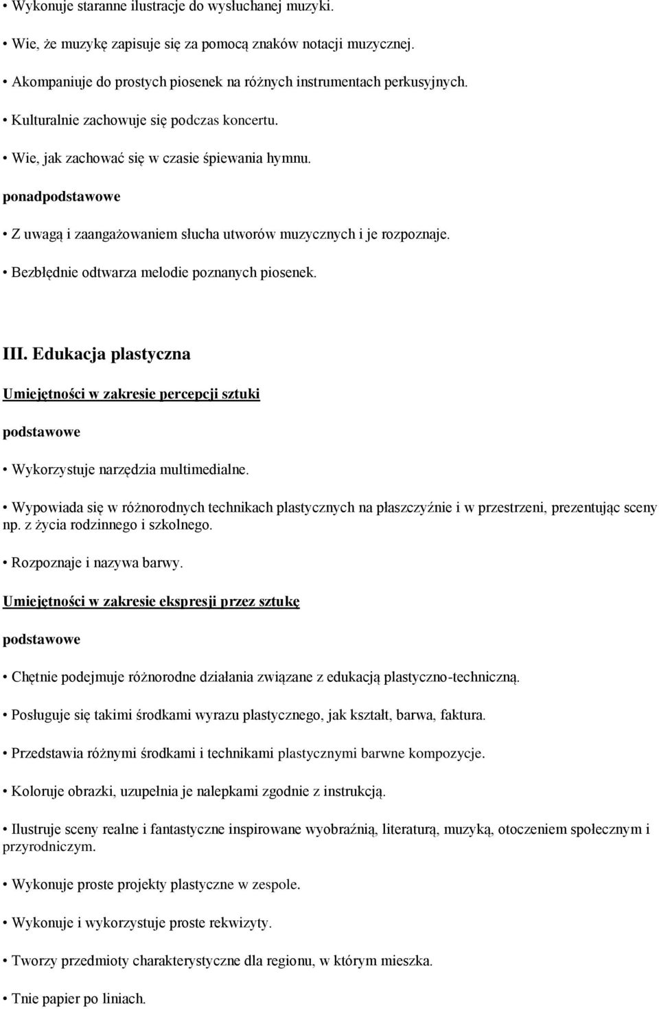 Bezbłędnie odtwarza melodie poznanych piosenek. III. Edukacja plastyczna Umiejętności w zakresie percepcji sztuki Wykorzystuje narzędzia multimedialne.