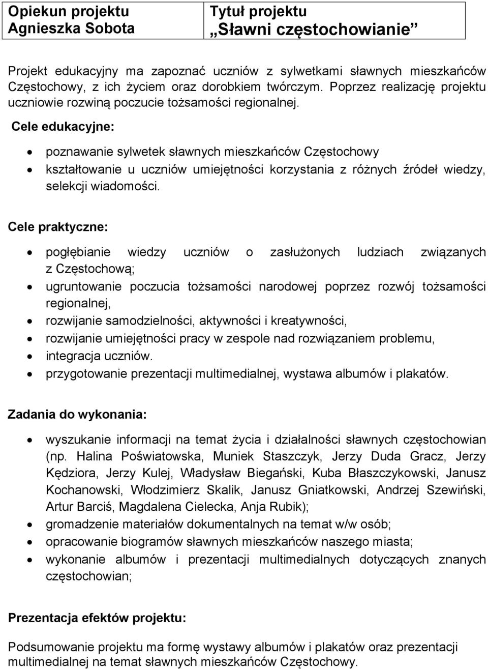Cele edukacyjne: poznawanie sylwetek sławnych mieszkańców Częstochowy kształtowanie u uczniów umiejętności korzystania z różnych źródeł wiedzy, selekcji wiadomości.