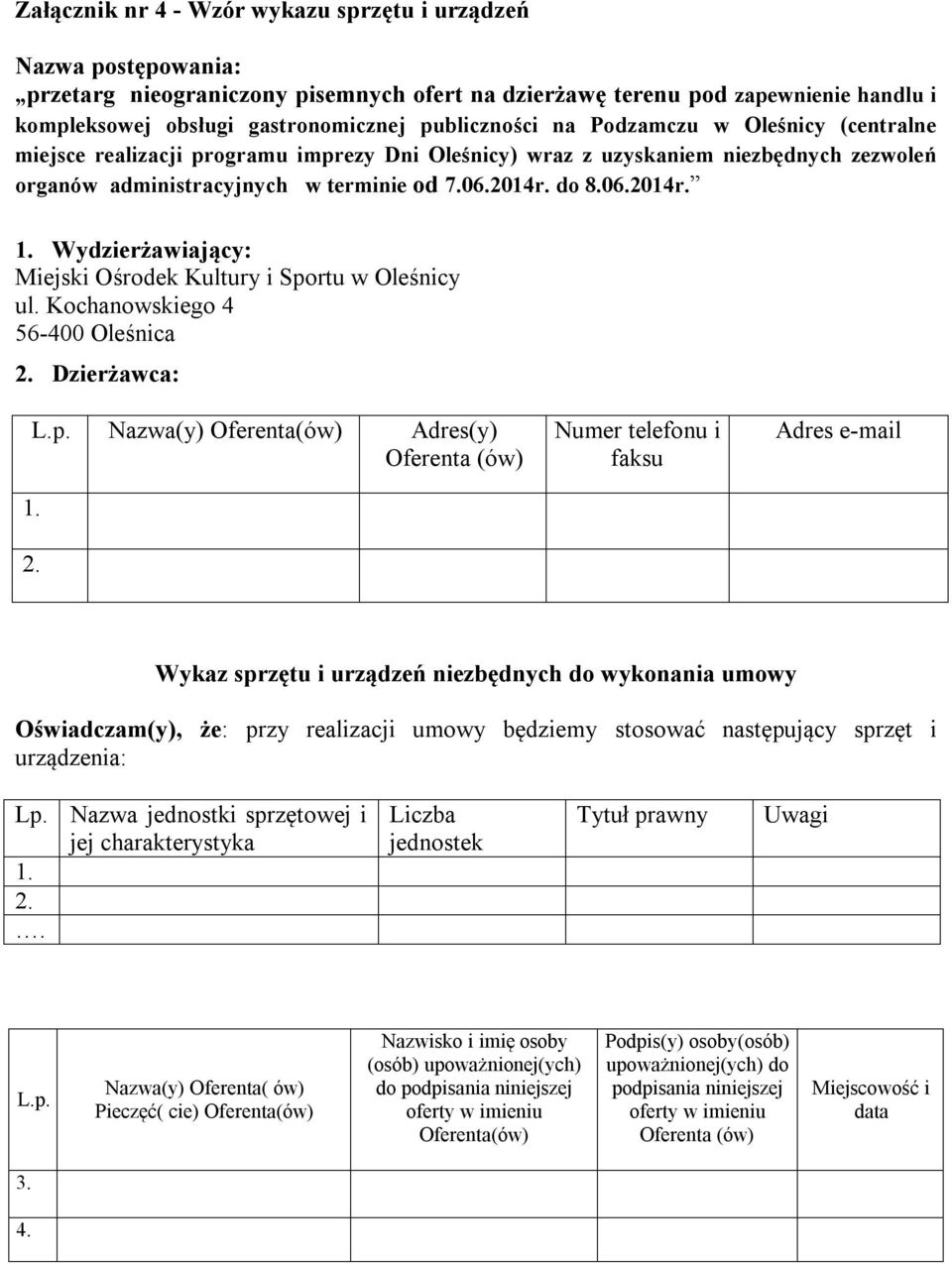 Wydzierżawiający: Miejski Ośrodek Kultury i Spo