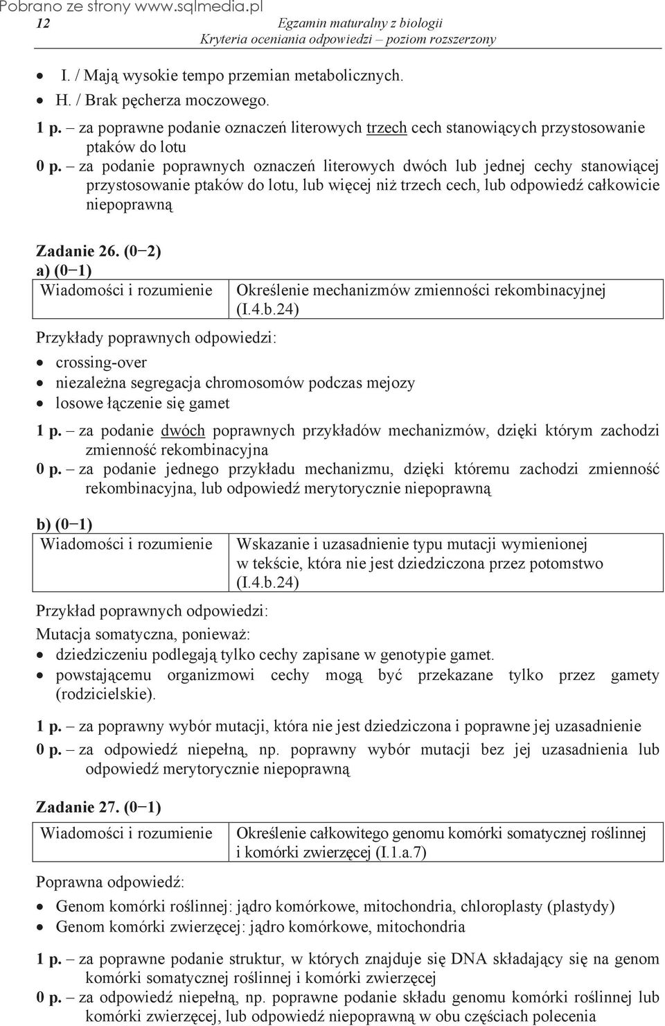 (02) a) (01) crossing-over niezalena segregacja chromosomów podczas mejozy losowe czenie si gamet Okrelenie mechanizmów zmiennoci rekombinacyjnej (I.4.b.24) 1 p.