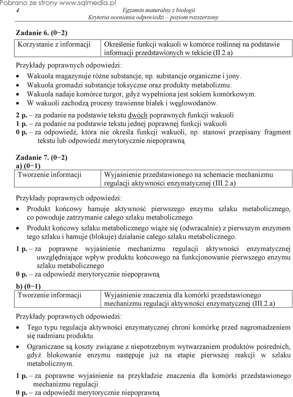 W wakuoli zachodz procesy trawienne biaek i wglowodanów. 2 p. za podanie na podstawie tekstu dwóch poprawnych funkcji wakuoli 1 p. za podanie na podstawie tekstu jednej poprawnej funkcji wakuoli 0 p.