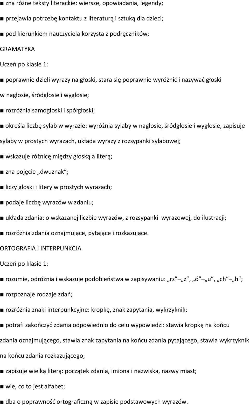 sylaby w nagłosie, śródgłosie i wygłosie, zapisuje sylaby w prostych wyrazach, układa wyrazy z rozsypanki sylabowej; wskazuje różnicę między głoską a literą; zna pojęcie dwuznak ; liczy głoski i