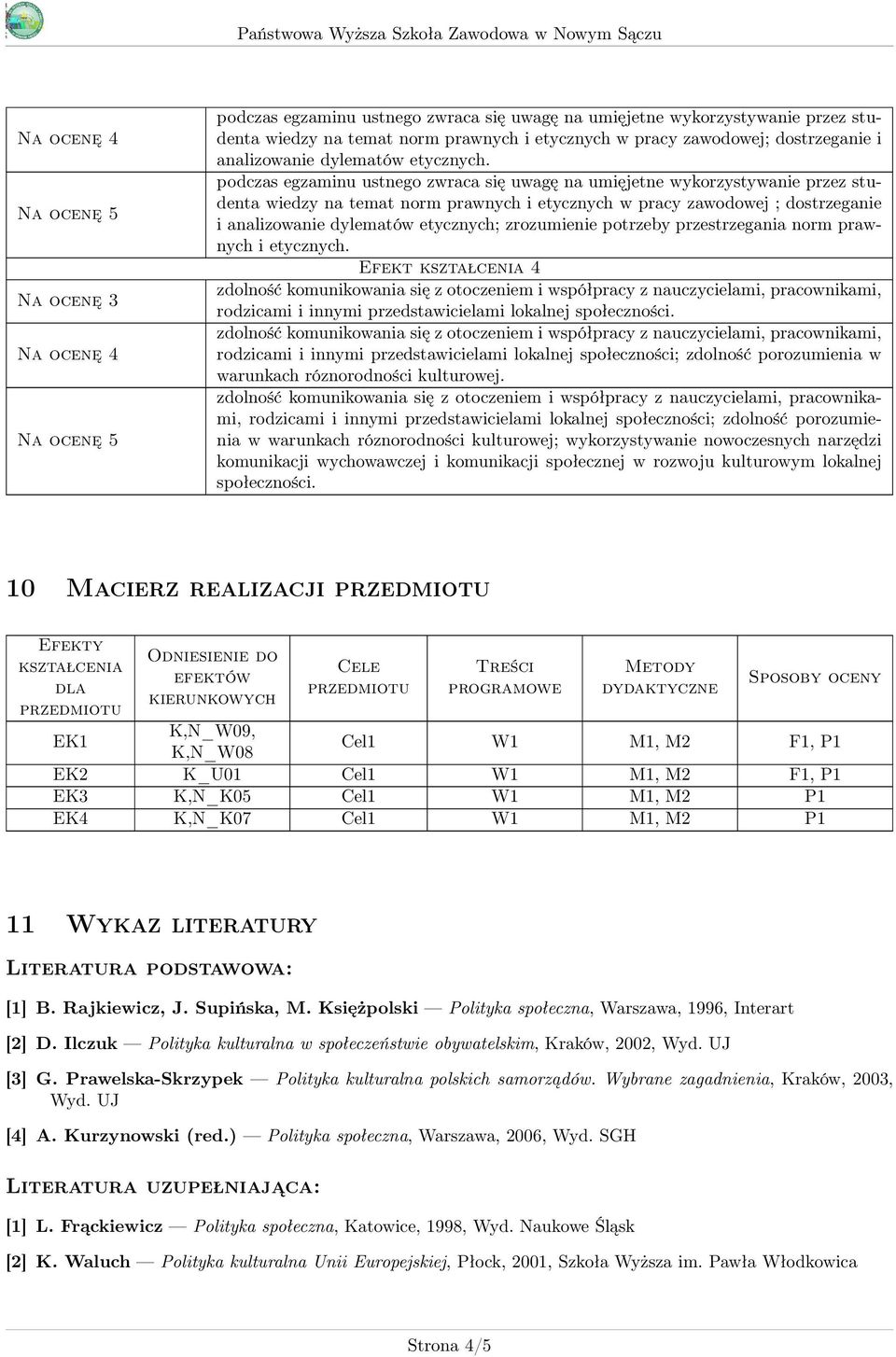 Efekt kształcenia 4 rodzicami i innymi przedstawicielami lokalnej społeczności. rodzicami i innymi przedstawicielami lokalnej społeczności; zdolność porozumienia w warunkach róznorodności kulturowej.