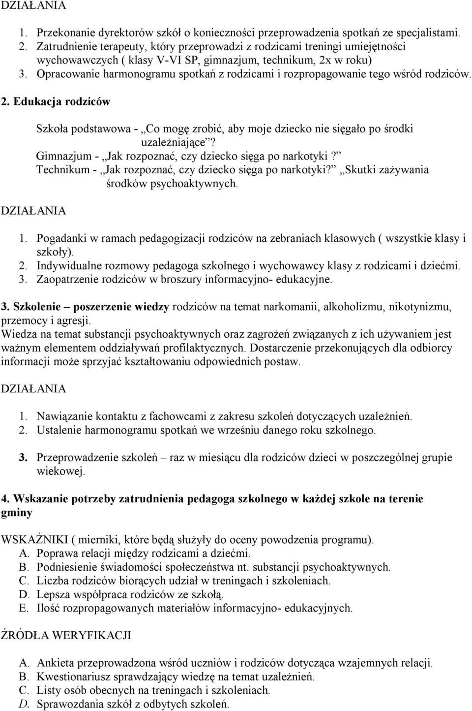 Opracowanie harmonogramu spotkań z rodzicami i rozpropagowanie tego wśród rodziców. 2. Edukacja rodziców Szkoła podstawowa - Co mogę zrobić, aby moje dziecko nie sięgało po środki uzależniające?