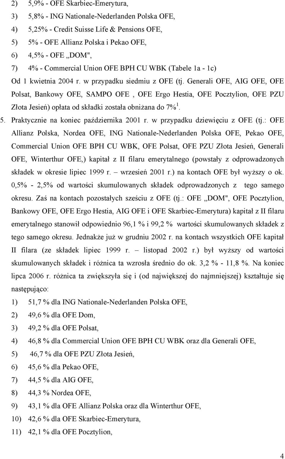 Generali OFE, AIG OFE, OFE Polsat, Bankowy OFE, SAMPO OFE, OFE Ergo Hestia, OFE Pocztylion, OFE PZU Złota Jesień) opłata od składki została obniżana do 7% 1. 5. Praktycznie na koniec października 1 r.