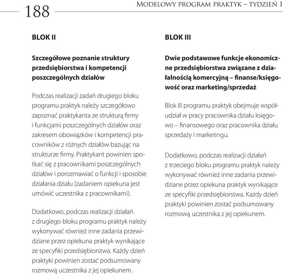 Praktykant powinien spotkać się z pracownikami poszczególnych działów i porozmawiać o funkcji i sposobie działania działu (zadaniem opiekuna jest umówić uczestnika z pracownikami).