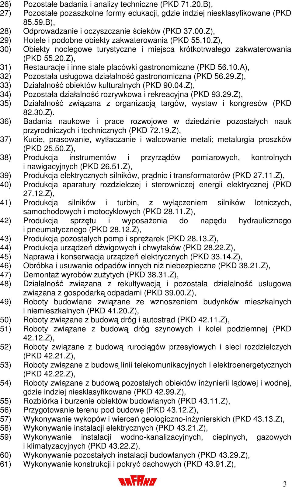 Z), 31) Restauracje i inne stałe placówki gastronomiczne (PKD 56.10.A), 32) Pozostała usługowa działalność gastronomiczna (PKD 56.29.Z), 33) Działalność obiektów kulturalnych (PKD 90.04.
