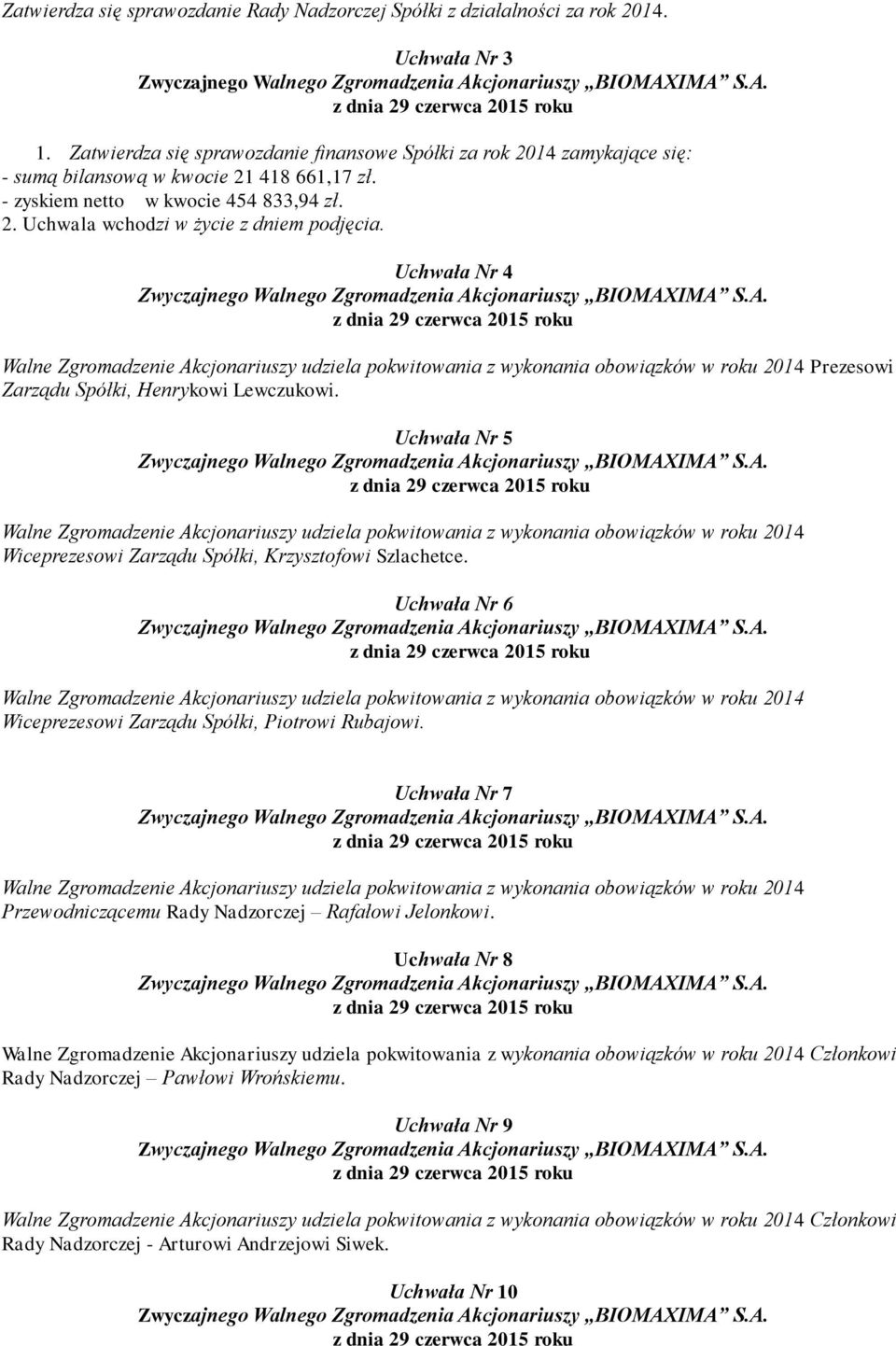 Uchwała Nr 4 Walne Zgromadzenie Akcjonariuszy udziela pokwitowania z wykonania obowiązków w roku 2014 Prezesowi Zarządu Spółki, Henrykowi Lewczukowi.