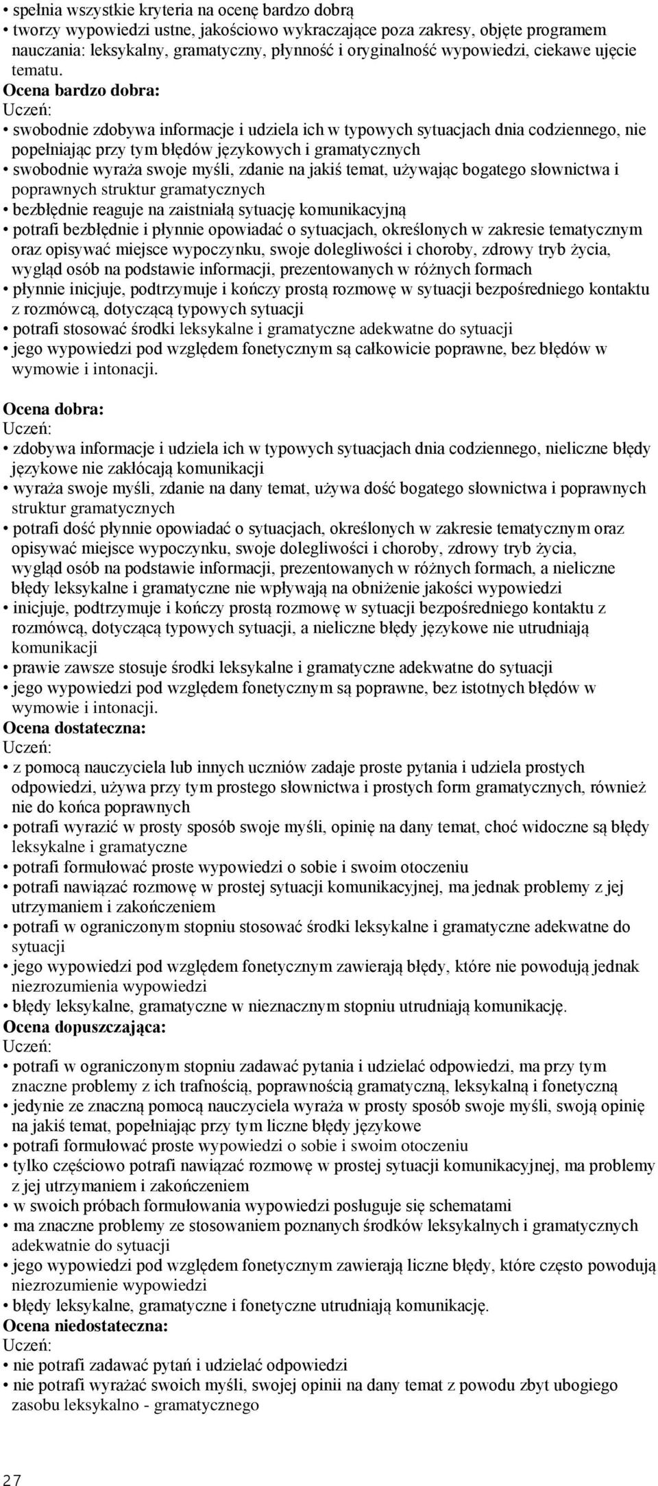 Ocena bardzo dobra: swobodnie zdobywa informacje i udziela ich w typowych sytuacjach dnia codziennego, nie popełniając przy tym błędów językowych i gramatycznych swobodnie wyraża swoje myśli, zdanie