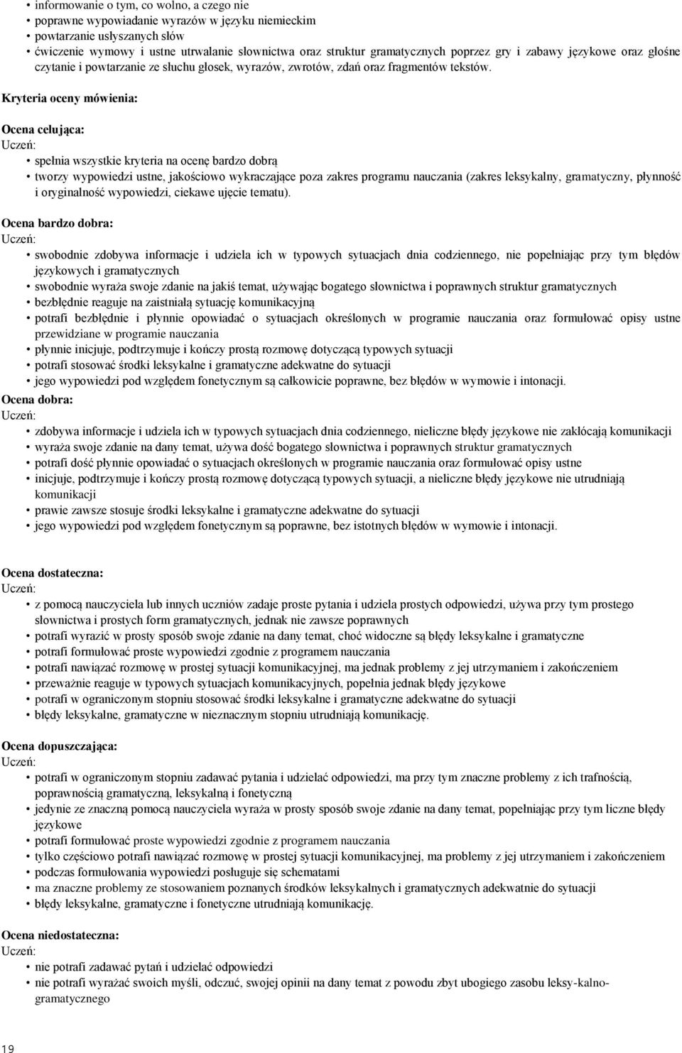 Kryteria oceny mówienia: Ocena celująca: spełnia wszystkie kryteria na ocenę bardzo dobrą tworzy wypowiedzi ustne, jakościowo wykraczające poza zakres programu nauczania (zakres leksykalny,