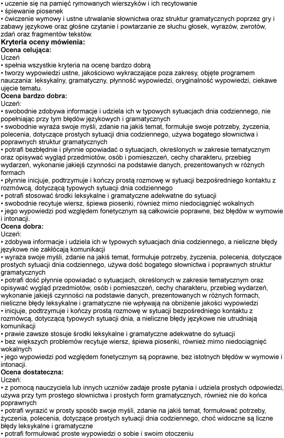 Kryteria oceny mówienia: Uczeń tworzy wypowiedzi ustne, jakościowo wykraczające poza zakresy, objęte programem nauczania: leksykalny, gramatyczny, płynność wypowiedzi, oryginalność wypowiedzi,