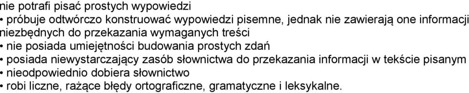 budowania prostych zdań posiada niewystarczający zasób słownictwa do przekazania informacji w