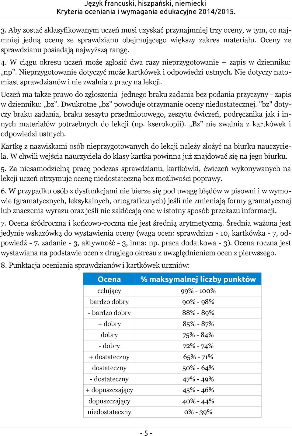 Nie dotyczy natomiast sprawdzianów i nie zwalnia z pracy na lekcji. Uczeń ma także prawo do zgłoszenia jednego braku zadania bez podania przyczyny - zapis w dzienniku: bz.