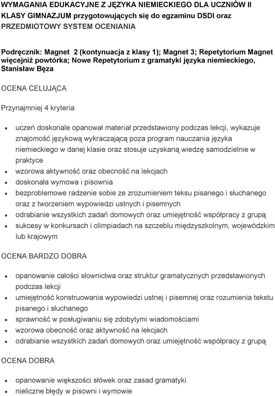 podczas lekcji, wykazuje znajomość językową wykraczającą poza program nauczania języka niemieckiego w danej klasie oraz stosuje uzyskaną wiedzę samodzielnie w praktyce wzorowa aktywność oraz obecność