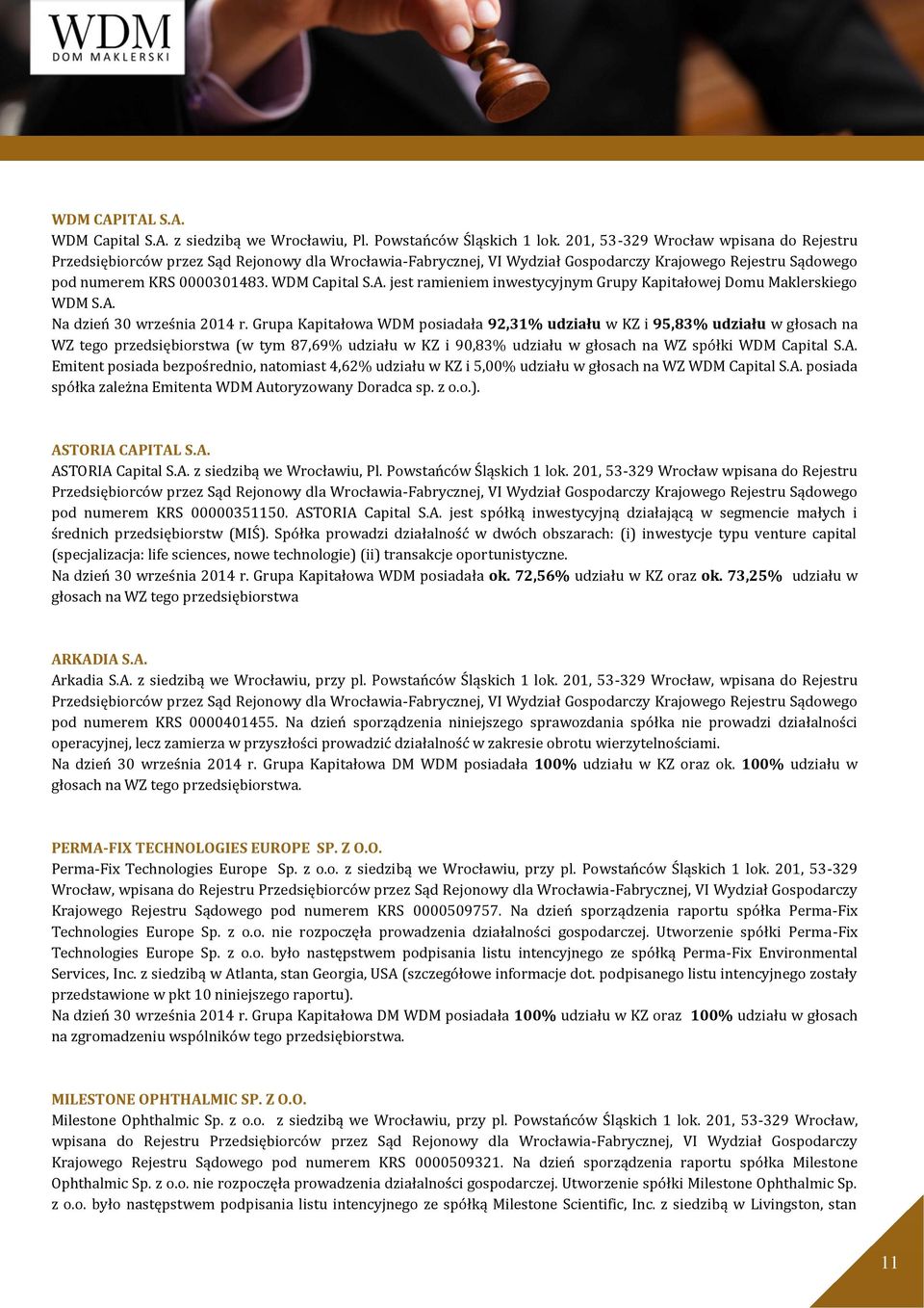jest ramieniem inwestycyjnym Grupy Kapitałowej Domu Maklerskiego WDM S.A. Na dzień 30 września 2014 r.