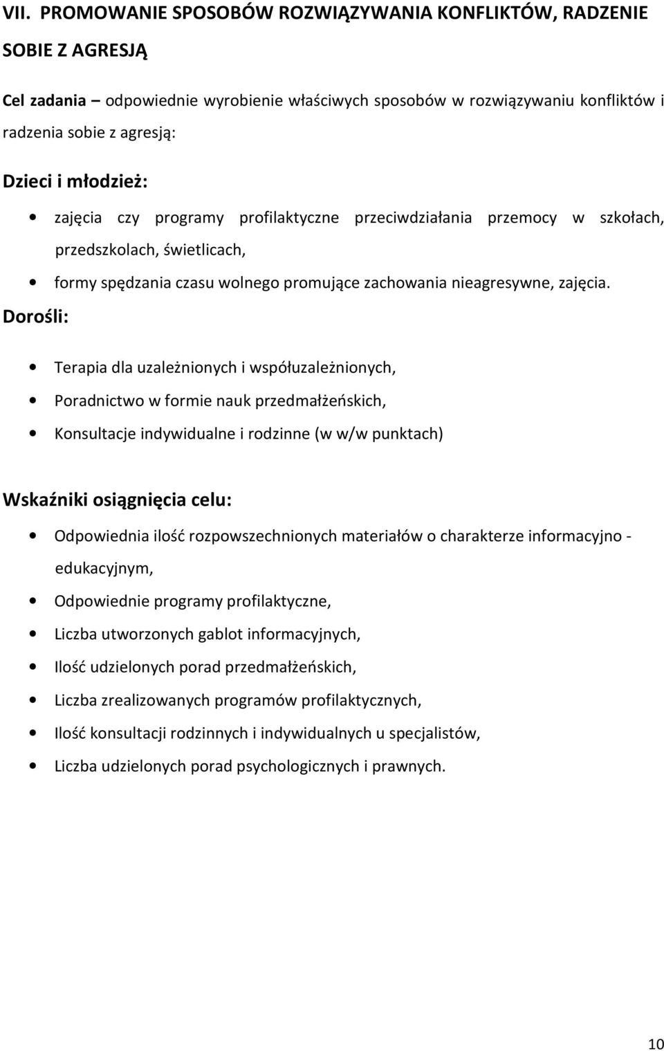 Dorośli: Terapia dla uzależnionych i współuzależnionych, Poradnictwo w formie nauk przedmałżeńskich, Konsultacje indywidualne i rodzinne (w w/w punktach) Wskaźniki osiągnięcia celu: Odpowiednia ilość