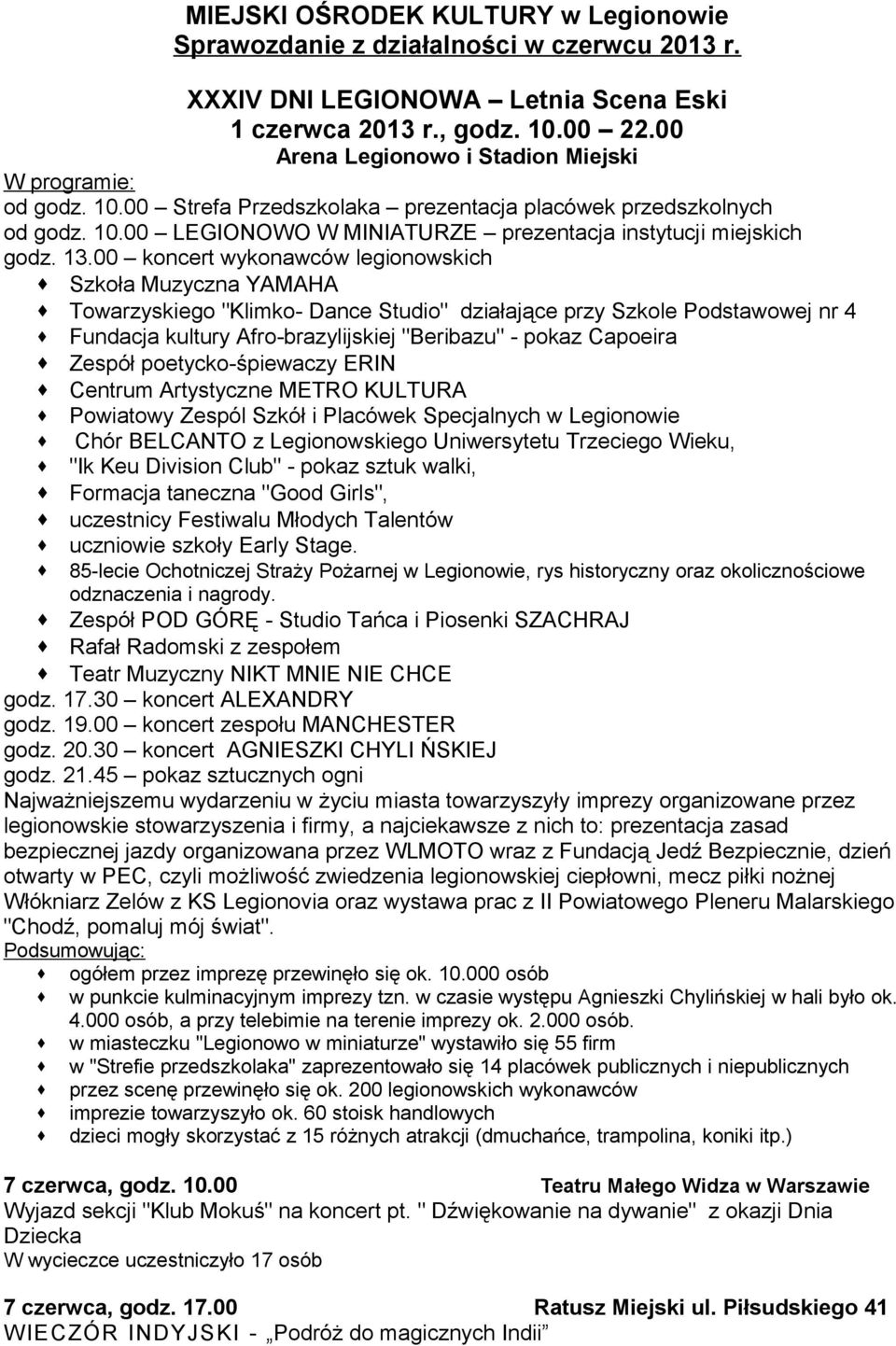 13.00 koncert wykonawców legionowskich Szkoła Muzyczna YAMAHA Towarzyskiego "Klimko- Dance Studio" działające przy Szkole Podstawowej nr 4 Fundacja kultury Afro-brazylijskiej "Beribazu" - pokaz