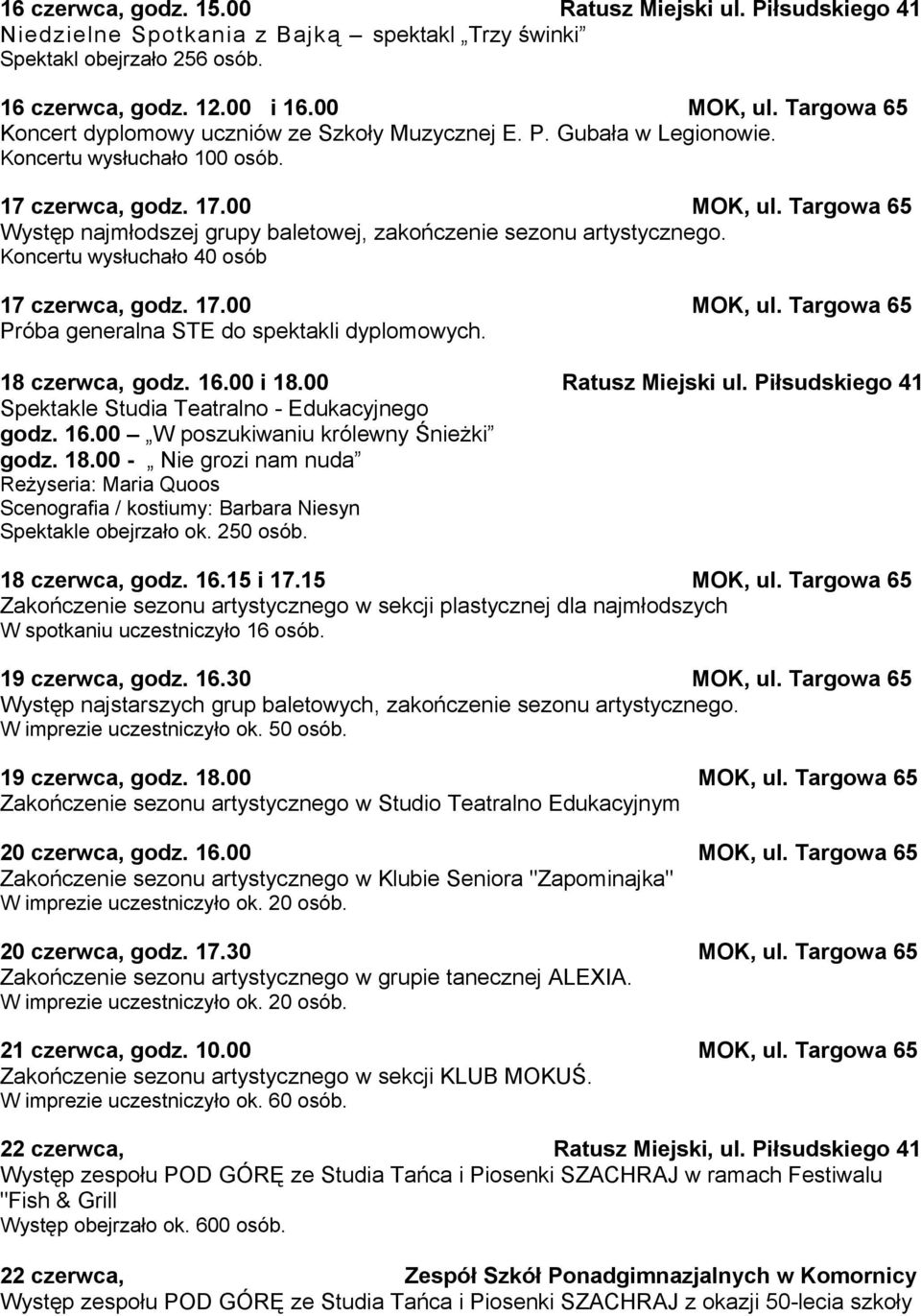 Targowa 65 Występ najmłodszej grupy baletowej, zakończenie sezonu artystycznego. Koncertu wysłuchało 40 osób 17 czerwca, godz. 17.00 MOK, ul. Targowa 65 Próba generalna STE do spektakli dyplomowych.