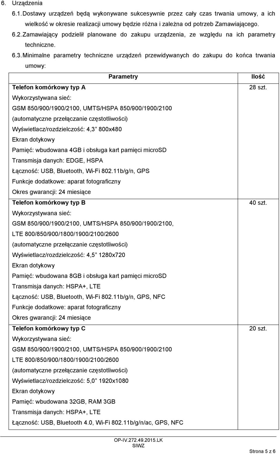 Minimalne parametry techniczne urządzeń przewidywanych do zakupu do końca trwania umowy: Parametry Ilość Telefon komórkowy typ A 28 szt.