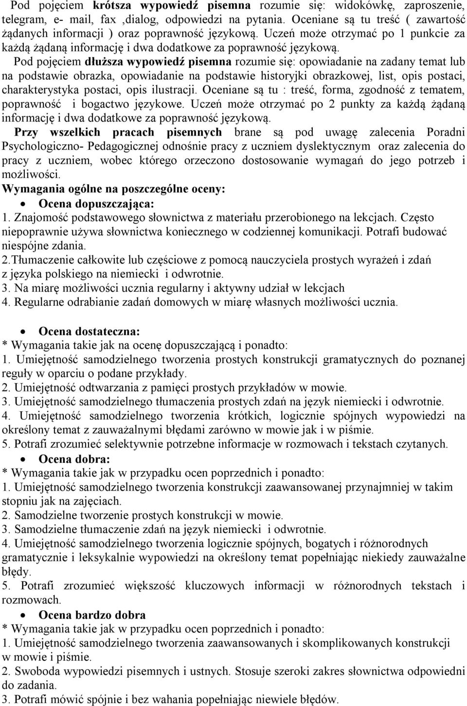 Pod pojęciem dłuższa wypowiedź pisemna rozumie się: opowiadanie na zadany temat lub na podstawie obrazka, opowiadanie na podstawie historyjki obrazkowej, list, opis postaci, charakterystyka postaci,