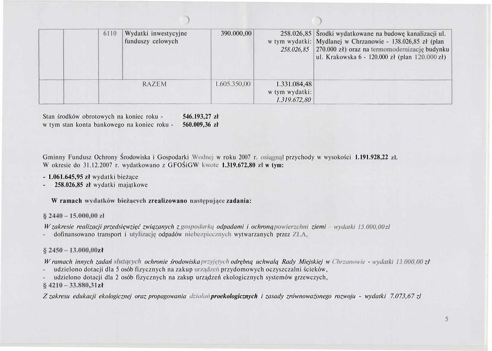 672,80 Stan środków obrotowych na koniec roku - w tym stan konta bankowego na koniec roku - 546.193,27 zł 560.009,36 zł Gminny Fundusz Ochrony Środowiska i Gospodarki Wodnej w roku 2007 r.