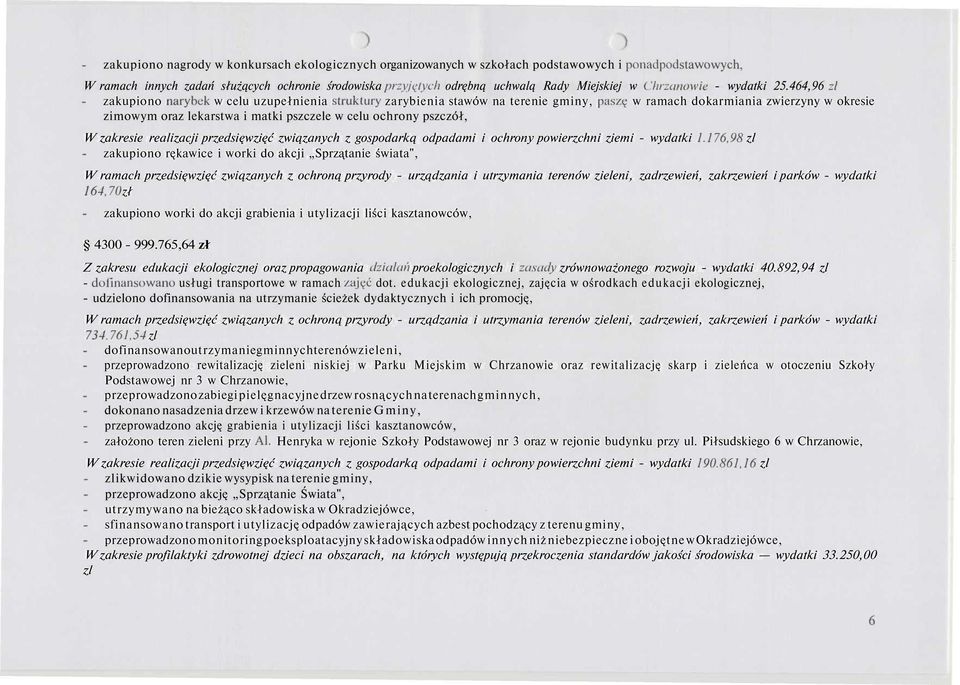 464,96 zl zakupiono narybek w celu uzupełnienia struktury zarybienia stawów na terenie gminy, paszę w ramach dokarmiania zwierzyny w okresie zimowym oraz lekarstwa i matki pszczele w celu ochrony