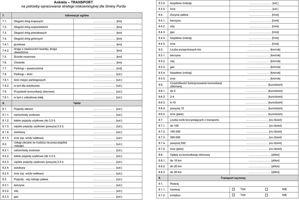 Przystanki komunikacji zbiorowej [szt.] 7.9.1. w tym z zabudową stałą [szt.] 8. Tabór 8.1. Pojazdy własne [szt.] 8.1.1. samochody osobowe [szt.] 8.1.2. lekkie pojazdy użytkowe (do 3,