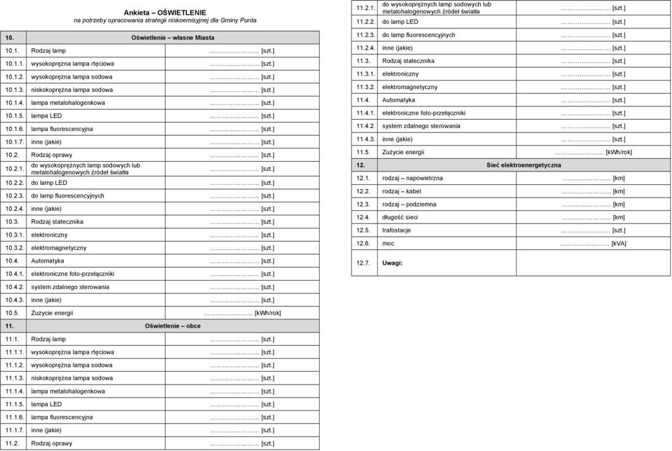 ] 10.2.2. do lamp LED [szt.] 10.2.3. do lamp fluorescencyjnych [szt.] 10.2.4. inne (jakie) [szt.] 10.3. Rodzaj statecznika [szt.] 10.3.1. elektroniczny [szt.] 10.3.2. elektromagnetyczny [szt.] 10.4. Automatyka [szt.