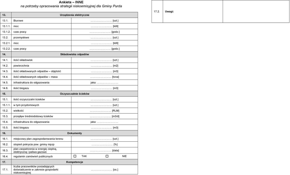 infrastruktura do odgazowania jaka: 14.6. ilość biogazu [m3] 15. Oczyszczalnie ścieków 15.1. ilość oczyszczalni ścieków [szt.] 15.1.1. w tym przydomowych [szt.] 15.2. wielkość [RLM] 15.3. przepływ średniodobowy ścieków [m3/d] 15.